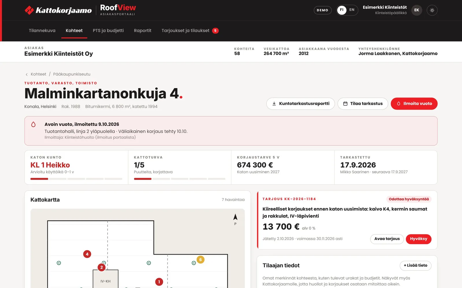 RoofView-kohdekortti: avoin vuoto, katon kuntoluokka, kattoturva, korjaustarve, kattokartta ja tarjous